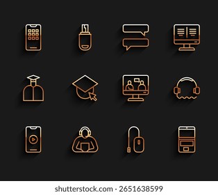 Set line Online play video, Student, Mobile phone, Computer mouse, Laptop, Graduation cap globe, Headphones and education icon. Vector