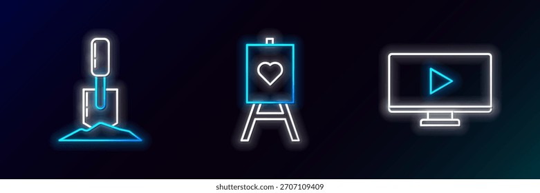 Video Juego en línea, pala el suelo y caballete de madera o icono de tableros de arte de pintura. Brillante neón. Vector
