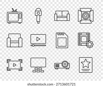 Video Juego en línea, estrella del paseo de la fama de Hollywood, silla de cine, auditorio con Vacantes Video, TV retro, proyector de medios e ícono de juego. Vector
