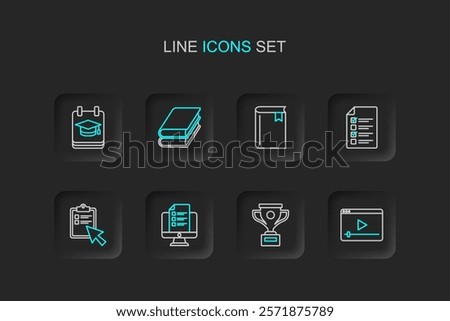 Set line Online play video, Award cup, quiz, test, survey, Book,  and education icon. Vector