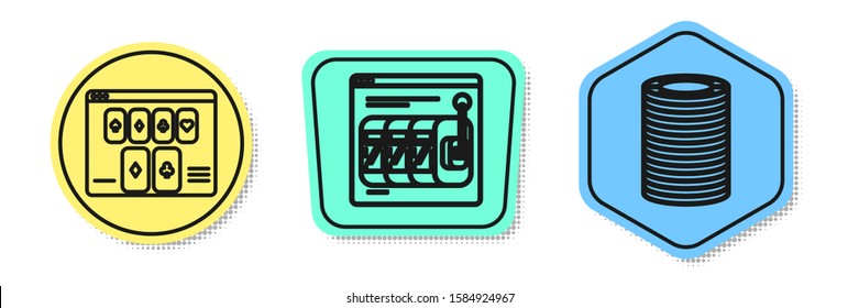 Set line Online poker table game, Online slot machine with lucky sevens jackpot and Casino chips. Colored shapes. Vector