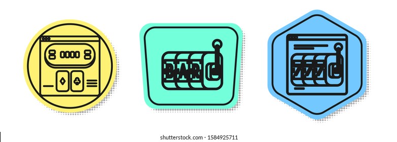 Set line Online poker table game, Slot machine and Online slot machine with lucky sevens jackpot. Colored shapes. Vector