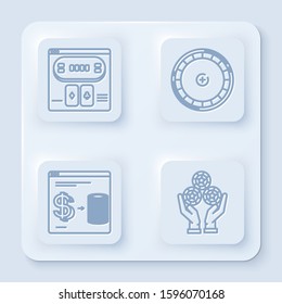 Set line Online poker table game, Casino roulette wheel, Online casino chips exchange on stacks of dollars and Hand holding casino chips. White square button. Vector