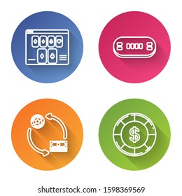 Set line Online poker table game, Poker table, Casino chips exchange on stacks of dollars and Casino chip with dollar symbol. Color circle button. Vector