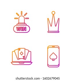 Set line Online poker table game, Online poker table game, Casino win and Crown. Gradient color icons. Vector