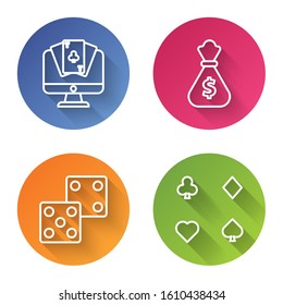 Set line Online poker table game, Money bag, Game dice and Playing cards. Color circle button. Vector