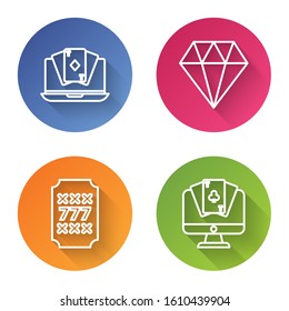 Set line Online poker table game, Diamond, Slot machine with lucky sevens jackpot and Online poker table game. Color circle button. Vector