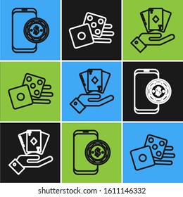 Set line Online poker table game, Hand holding deck of playing cards and Game dice icon. Vector