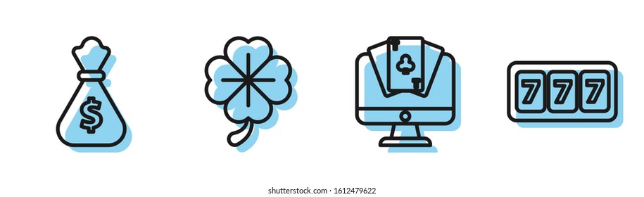 Set line Online poker table game, Money bag, Four leaf clover and Slot machine with lucky sevens jackpot icon. Vector