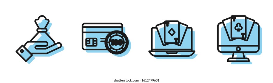 Set line Online poker table game, Hand holding money bag, Credit card and Online poker table game icon. Vector