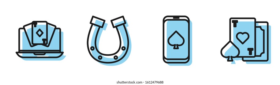 Set line Online poker table game, Online poker table game, Horseshoe and Playing card with heart icon. Vector