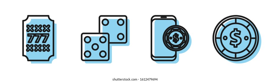 Set line Online poker table game, Slot machine with lucky sevens jackpot, Game dice and Casino chip with dollar icon. Vector