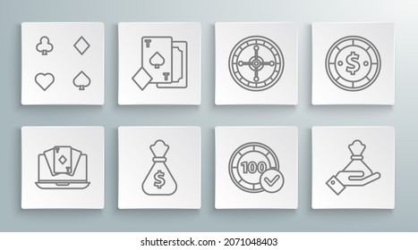 Set line Online poker table game, Playing card with spades, Money bag, Casino chips, Hand holding money, roulette wheel, dollar and cards icon. Vector