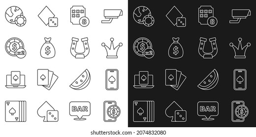 Set Line Online Poker Table Game, Joker Playing Card, Lottery Ball On Bingo, Money Bag, Casino Chips,  And Horseshoe Icon. Vector