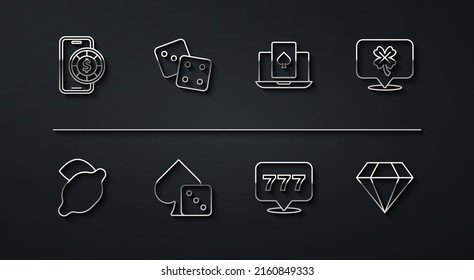 Línea Juego de mesa de póquer en línea, máquina tragaperras de casino con limón, trébol, jackpot de ranura, dados de juego, Diamante e ícono. Vector