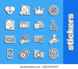 Set line Online poker table game, Hand holding money bag, Money casino chips, Crown, Stacks paper cash, Playing card with heart, Billiard pool snooker 8 ball and Game dice icon. Vector