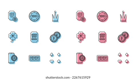 Set line Online poker table game, Slot machine with lucky sevens jackpot, slot, Playing cards, Casino chip dollar, Four leaf clover and chips icon. Vector