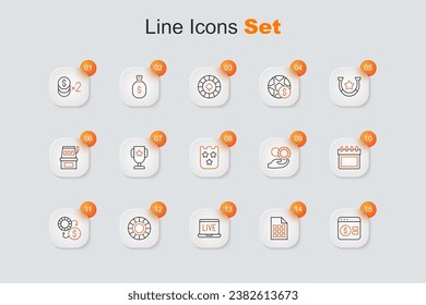 Set line Online poker table game, Lottery ticket, Casino chips, exchange, Calendar, Hand holding casino and  icon. Vector