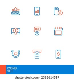 Set line Online poker table game, Automated teller machine and money, Horseshoe, Calendar, Stacks paper cash, Casino chip with dollar,  and sports betting icon. Vector