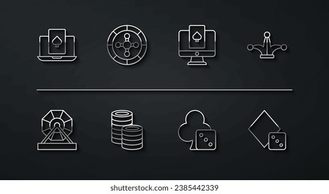 Set line Online poker table game, Lottery machine, Joker playing card, Game dice, Casino chips, roulette wheel,  and  icon. Vector