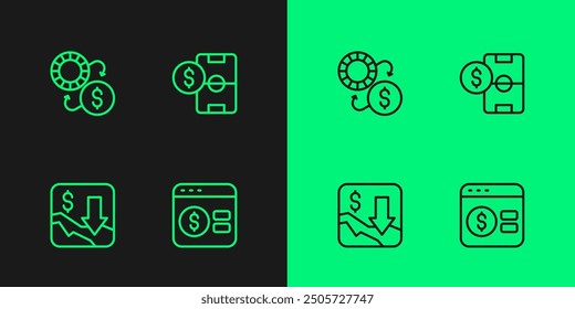 Set line Online poker table game, Financial growth decrease, Casino chips exchange and Football betting money icon. Vector