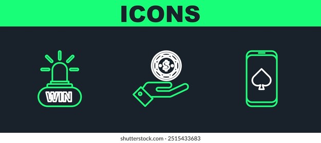 Set line Online poker table game, Casino win and Hand holding casino chips icon. Vector