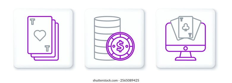 Set line Online poker table game, Playing card with heart and Casino chip dollar icon. Vector