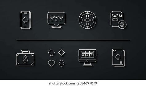 Set line Online poker table game, Briefcase and money, Lottery ball bingo card, slot machine with jackpot, Deck of playing cards, Slot, Playing spades and Casino roulette wheel icon. Vector