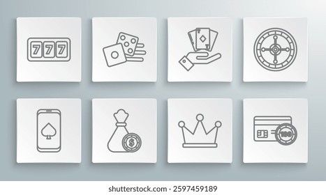 Set line Online poker table game, Money bag and casino chips, Crown, Credit card, Hand holding deck of playing cards, Casino roulette wheel and Slot machine with lucky sevens jackpot icon. Vector