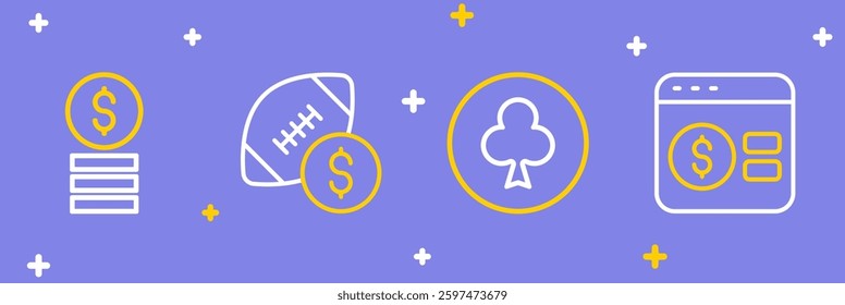 Set line Online poker table game, Playing card with clubs symbol, American football betting money and Casino chip dollar icon. Vector