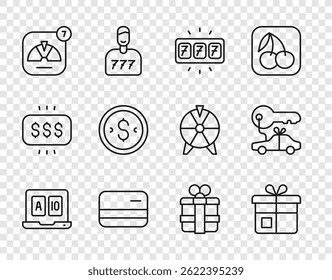 Set line Online poker table game, Gift box, Slot machine with jackpot, Credit card, Lucky wheel, Coin money dollar,  and Car gift icon. Vector