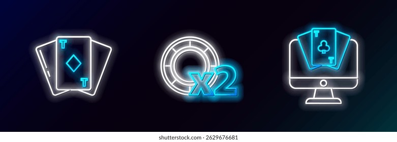 Set line Online poker table game, Playing card with diamonds and Casino chips icon. Glowing neon. Vector