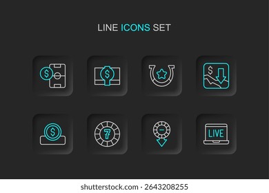 Set line Online poker table game, Casino chips, Coin money with dollar, Financial growth decrease, Horseshoe, Stacks paper cash and Football betting icon. Vector