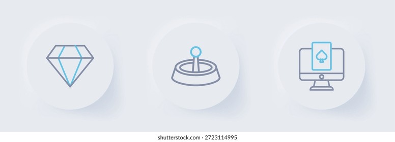 Definir linha Jogo de mesa de poker online, roda de roleta Casino e ícone Diamond. Vetor
