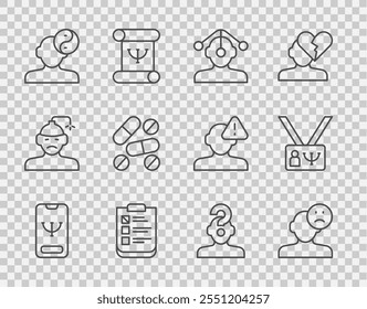 Set line Online psychological counseling, Sad and depressed man, bad mood, Hypnosis, Psychological test, Yin Yang symbol, Medicine pill or tablet, Human with question mark and Psychology icon. Vector