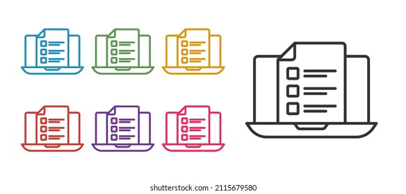 Establecer el icono de prueba, prueba, encuesta o lista de verificación en línea aislado en fondo blanco. Lista de exámenes. Concepto de educación electrónica. Indique los iconos en colores. Vector