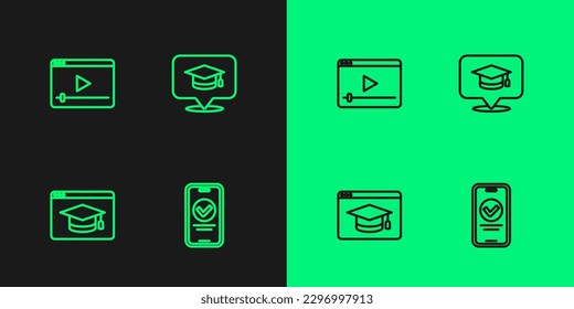 Setzen Sie online Quiz, Test, Umfrage, Bildung, Video und Graduation Cap Sprechblase Symbol. Vektorgrafik