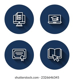 Set line Online quiz, test, survey, Graduation cap on laptop, Certificate template and book with long shadow. Blue circle button. Vector