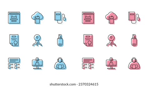 Online Quiz, Test, Umfrage, Video-Chat-Konferenz, Browser-Fenster, Student, Web-Kamera, USB-Flash-Laufwerk, Zertifikat-Vorlage und Cloud oder Online-Bibliothek Symbol. Vektorgrafik
