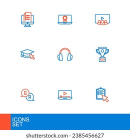 Set line Online quiz, test, survey, play video, Question and Answer, Award cup, Graduation cap with cursor, Headphones, class and education diploma icon. Vector