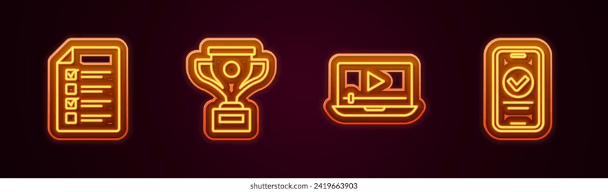 Set line Online quiz, test, survey, Award cup, play video and . Glowing neon icon. Vector