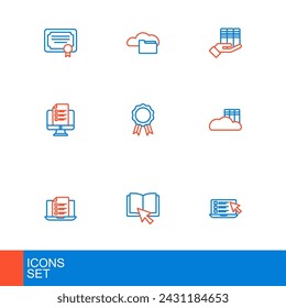 Cuestionario en línea, examen, encuesta, libro, biblioteca en la nube o en línea, educación con diploma, donación de libros e icono. Vector