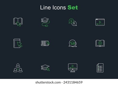 Set line Online quiz, test, survey, play video, Graduation cap with cursor, class, Audio book, speech bubble,  and  icon. Vector