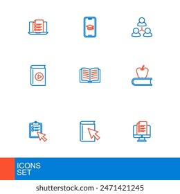 Set line Online quiz, test, survey, book, Book with apple, Audio, Open, class and Graduation cap on mobile icon. Vector