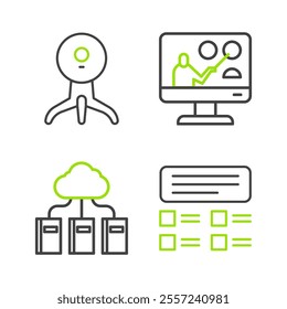 Set line Online quiz, test, survey, Cloud or online library, education and Web camera icon. Vector