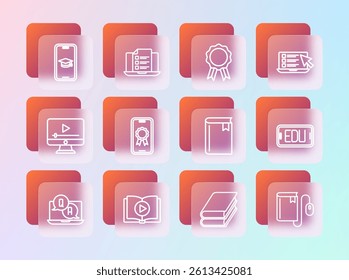 Set line Online quiz, test, survey, Audio book, Book, education with diploma, Graduation cap mobile and  icon. Vector