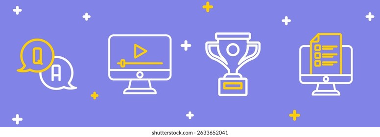 Set line Online quiz, test, survey, Award cup, play video and Question and Answer icon. Vector