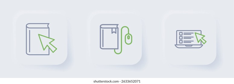 Establecer línea Prueba en línea, prueba, Encuesta, libro Electrónica con el ratón y el ícono. Vector