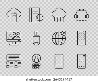 Set line Online quiz, test, survey, Mobile phone, Network cloud connection, Create account screen, Cloud online library, USB flash drive,  and  icon. Vector