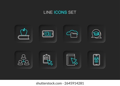 Set line Online quiz, test, survey, book, class, Graduation cap speech bubble, Cloud or online library, education and Book with apple icon. Vector